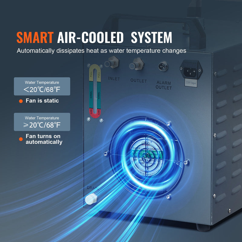 VEVOR CW-3000 ir gaisa industriālais ūdens dzesētājs ar 12L ūdens tvertnes ietilpību un 12 litru/minūtes maksimālo plūsmas ātrumu, ideāli piemērots lāzera gravēšanas mašīnu dzesēšanai un lāzera caurules dzesēšanas sistēmai.