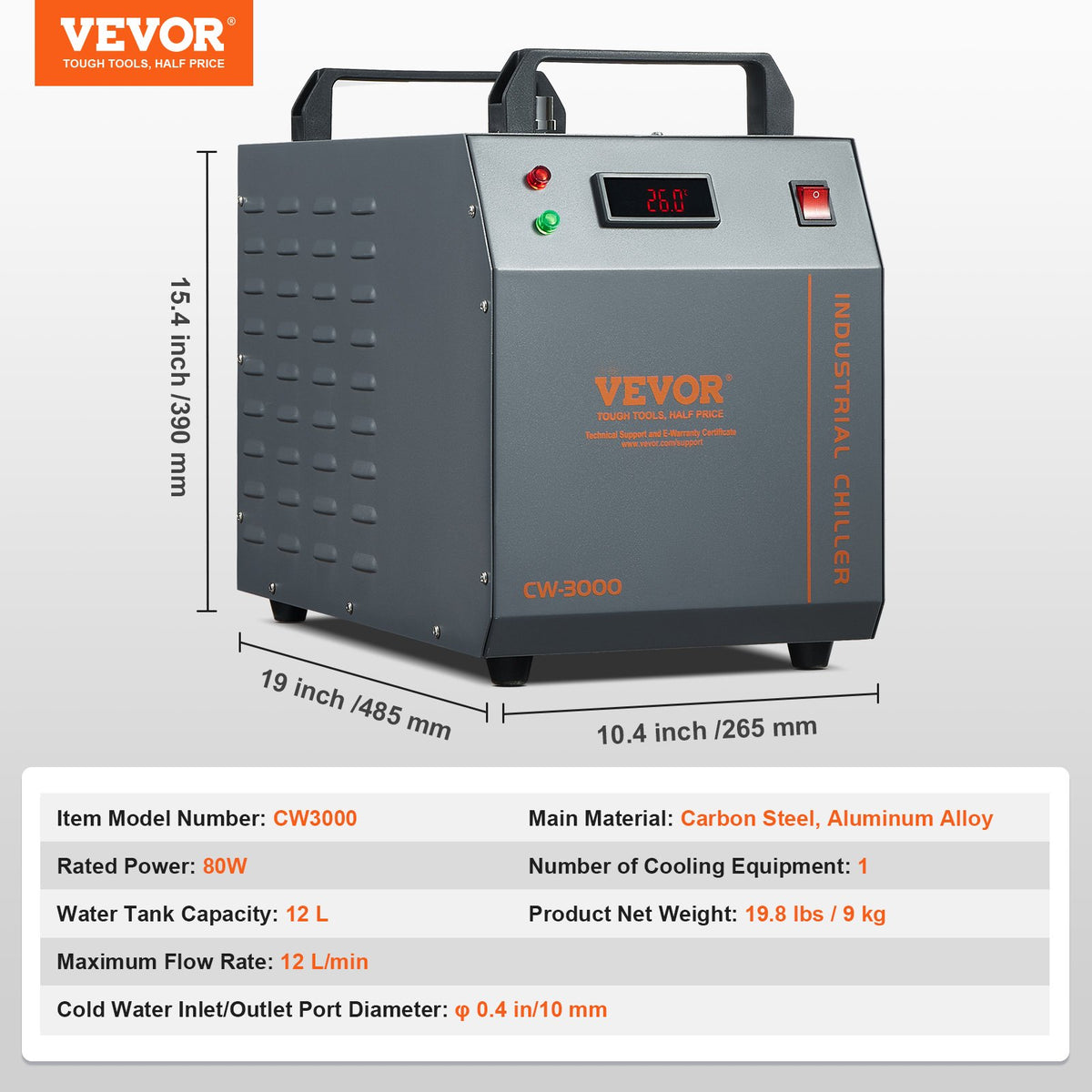 VEVOR tööstuslik veejahuti CW-3000, 12 l paak, 12 l/min, lasertoru jahutamiseks