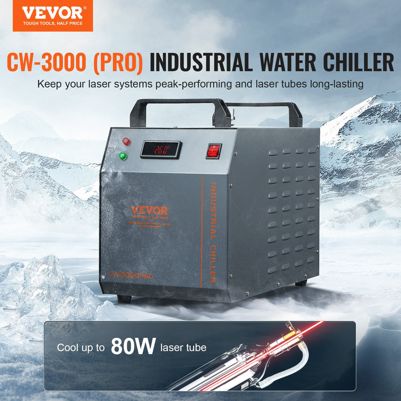 VEVOR Industriālais Ūdens Dzesētājs CW-3000(PRO), 150W Gaisa Dzesēšanas Sistēma ar 12L Ūdens Tvertni un 18L/min Maksimālo Plūsmas Ātrumu, Piemērots Lāzera Gravēšanas Mašīnām