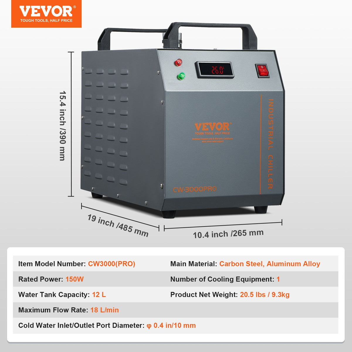 VEVOR tööstuslik veejahuti CW-3000 PRO, 150 W, 12 l paak, 18 l/min, laserseadmetele