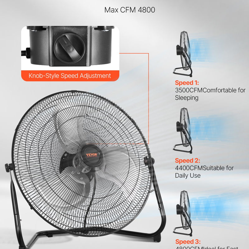 VEVOR 50 cm grīdas ventilators, 3 ātrumi, 360° regulējams leņķis, jaudīgs rūpnieciskais ventilators