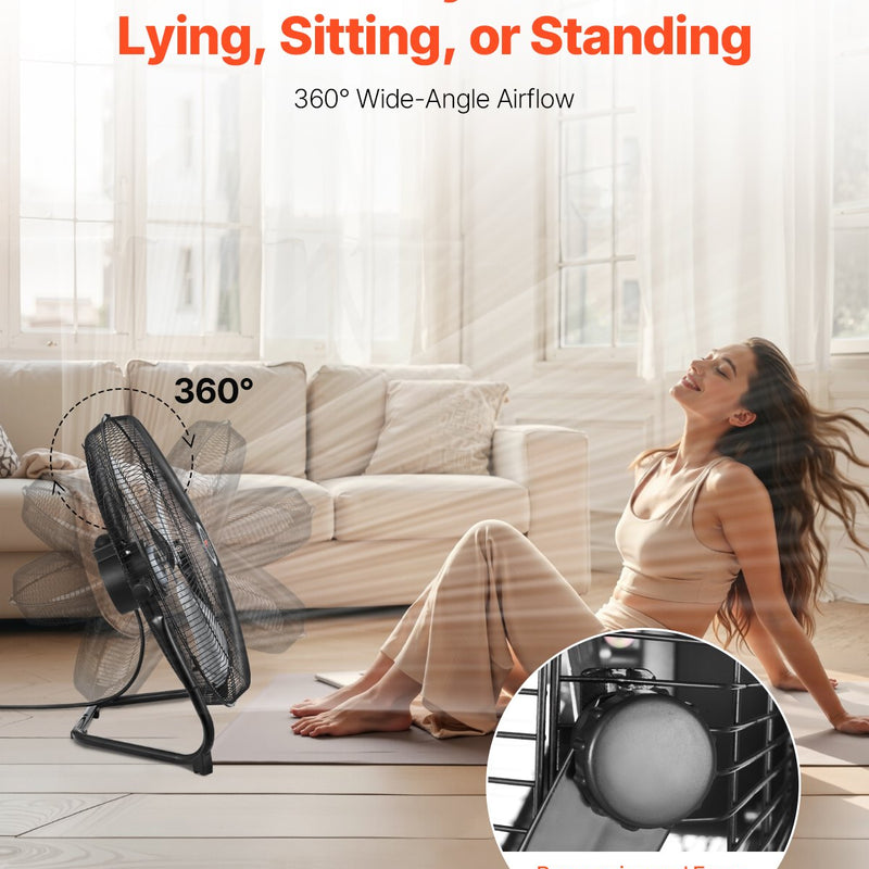 VEVOR 50 cm grīdas ventilators, 3 ātrumi, 360° regulējams leņķis, jaudīgs rūpnieciskais ventilators