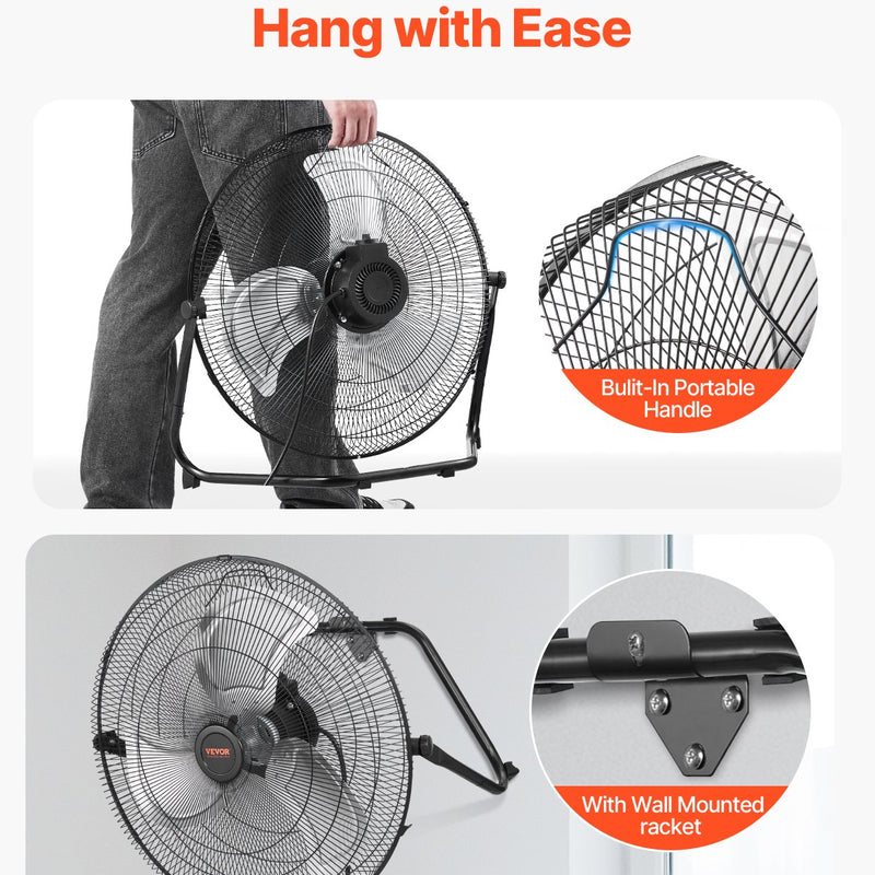VEVOR 50 cm grīdas ventilators, 3 ātrumi, 360° regulējams leņķis, jaudīgs rūpnieciskais ventilators