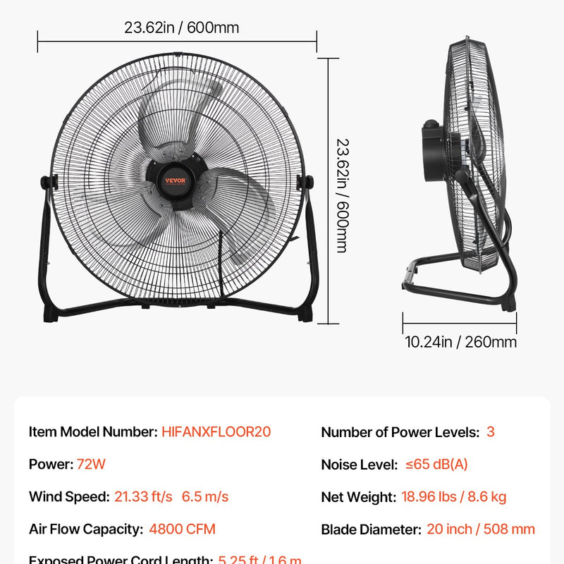 VEVOR 50 cm grīdas ventilators, 3 ātrumi, 360° regulējams leņķis, jaudīgs rūpnieciskais ventilators