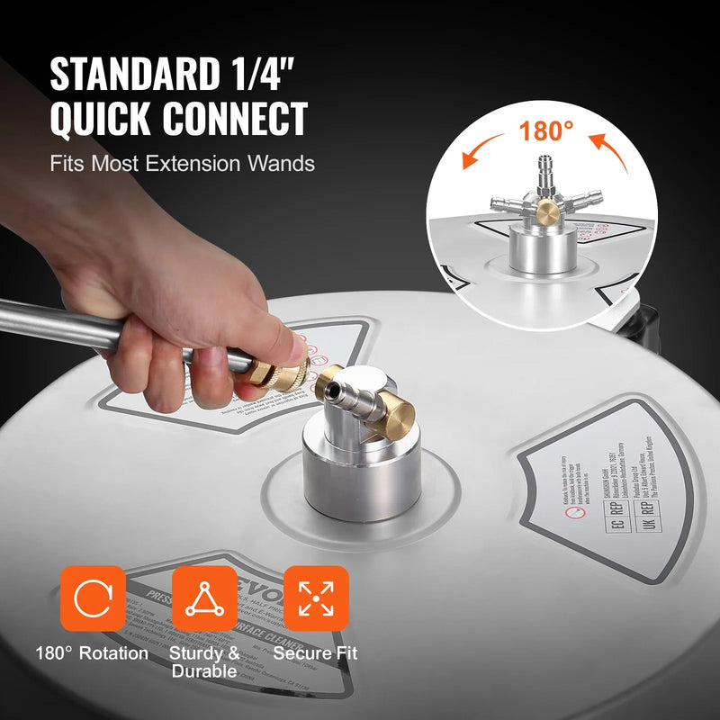 38 cm augstspiediena virsmas tīrītājs ar riteņiem, nerūsējošā tērauda betona tīrītājs, 275 bar, 1,6 cm ātrās savienošanas uzgalis ar 2 pagarinājuma stieņiem