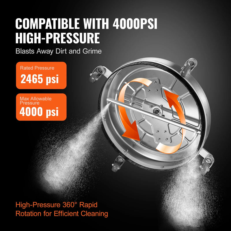 VEVOR 61 cm augstspiediena virsmas tīrītājs ar rokturiem un riteņiem, nerūsējošā tērauda betona tīrītājs, 275 bar, 0,95 cm savienotājs un 0,63 cm adapteris, grīdu, piebraucamo ceļu un terases uzgalis