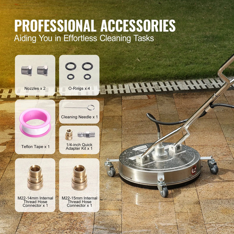VEVOR 51 cm augstspiediena virsmas tīrītājs ar rokturiem un riteņiem, nerūsējošā tērauda betona tīrītājs, 310 bar, 0,95 cm savienotājs un 0,63 cm adapteris, grīdu, piebraucamo ceļu un terases uzgalis