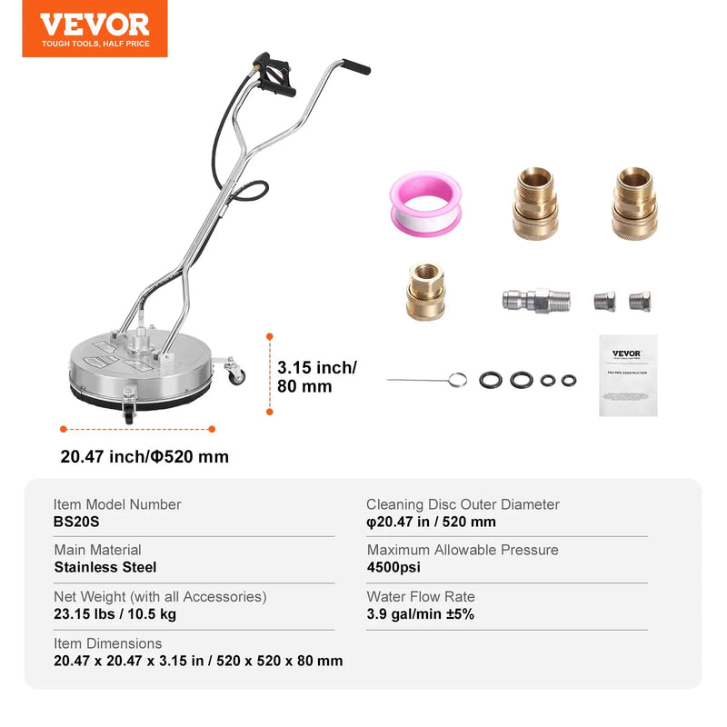 51 cm augstspiediena virsmas tīrītājs ar rokturiem un riteņiem, nerūsējošā tērauda betona tīrītājs, 310 bar, 0,95 cm savienotājs un 0,63 cm adapteris, grīdu, piebraucamo ceļu un terases uzgalis