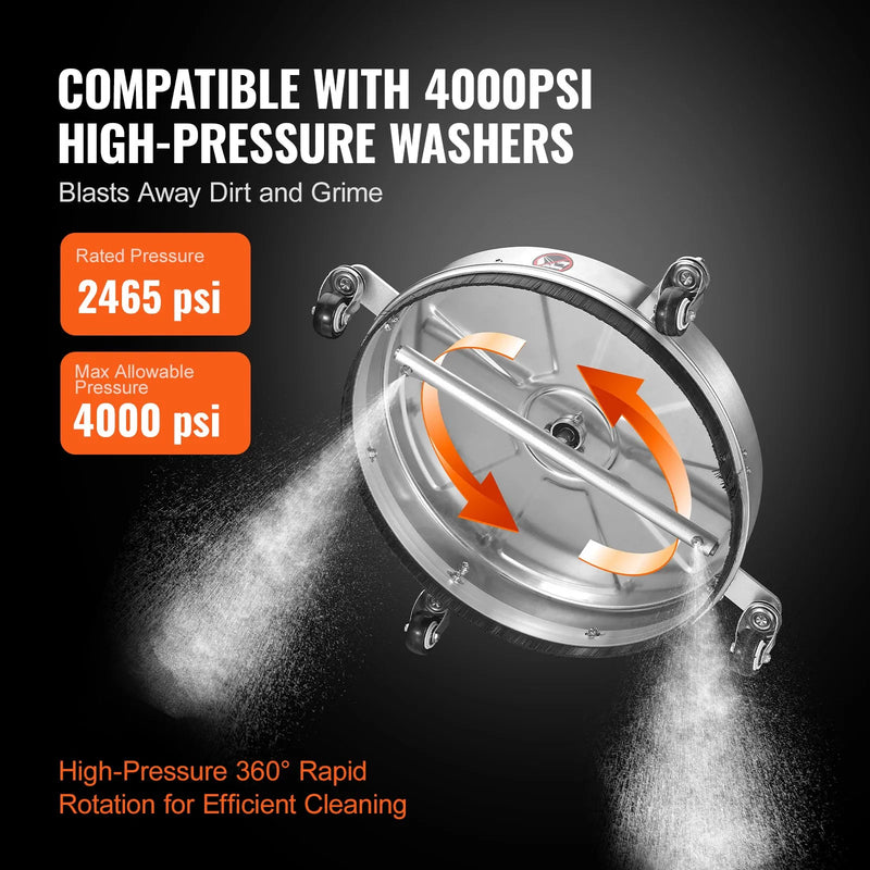 45 cm augstspiediena virsmas tīrītājs ar riteņiem, nerūsējošā tērauda betona tīrītājs, 275 bar, 6 mm ātrās savienošanas uzgalis ar 2 pagarināšanas stieņiem, grīdu, piebraucamo ceļu un terases mazgāšanai