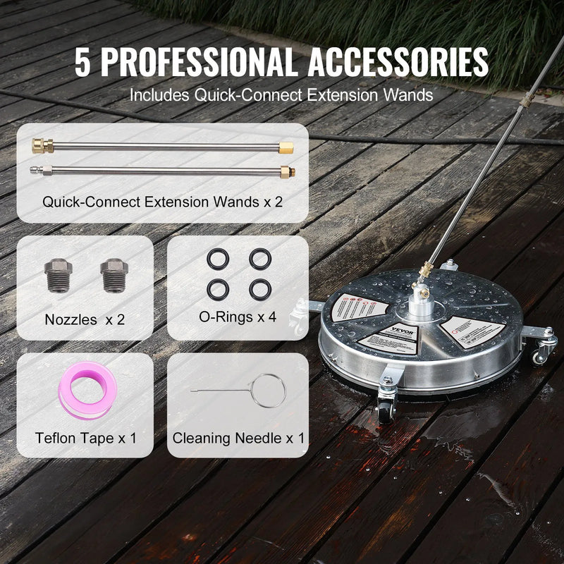 45 cm augstspiediena virsmas tīrītājs ar riteņiem, nerūsējošā tērauda betona tīrītājs, 275 bar, 6 mm ātrās savienošanas uzgalis ar 2 pagarināšanas stieņiem, grīdu, piebraucamo ceļu un terases mazgāšanai