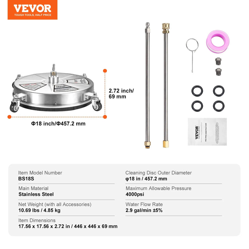 45 cm augstspiediena virsmas tīrītājs ar riteņiem, nerūsējošā tērauda betona tīrītājs, 275 bar, 6 mm ātrās savienošanas uzgalis ar 2 pagarināšanas stieņiem, grīdu, piebraucamo ceļu un terases mazgāšanai