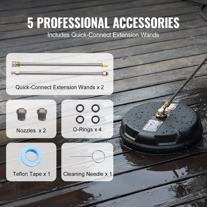 VEVOR Universāls 38 cm augstspiediena virsmas tīrītājs, uzgalis 275 bar ar 2 pagarinājuma stieņiem, 1,6 cm ātrās savienošanas betona tīrītājs grīdām, piebraucamajam ceļam un terasei