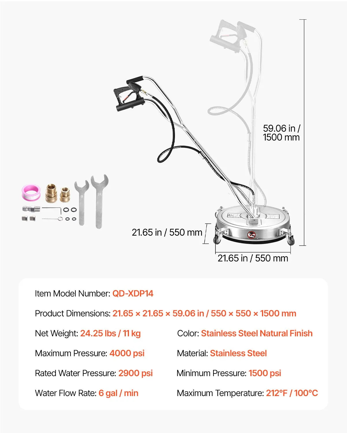 VEVOR 56 cm High-Pressure Surface Cleaner with 4 Wheels and Dual Handles, Maximum Pressure 4000 PSI