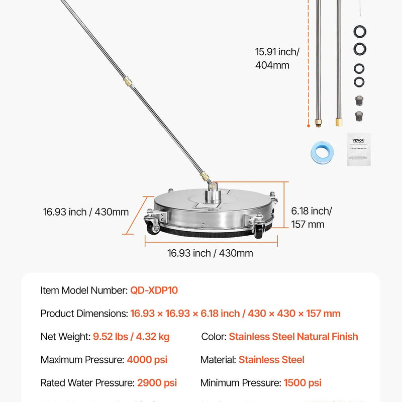 42 cm augstspiediena mazgātāja virsmas tīrītājs ar 4 riteņiem, nerūsējošais tērauds, maksimālais spiediens 4000 PSI
