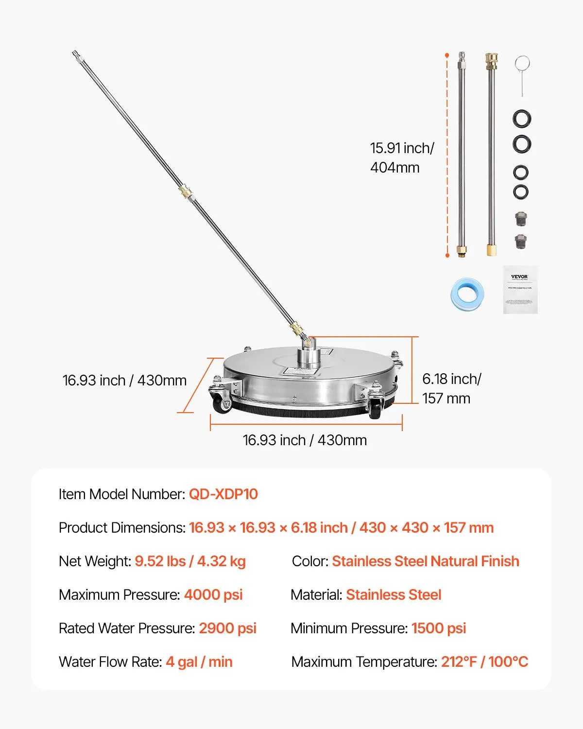 42 cm augstspiediena mazgātāja virsmas tīrītājs ar 4 riteņiem, nerūsējošais tērauds, maksimālais spiediens 4000 PSI