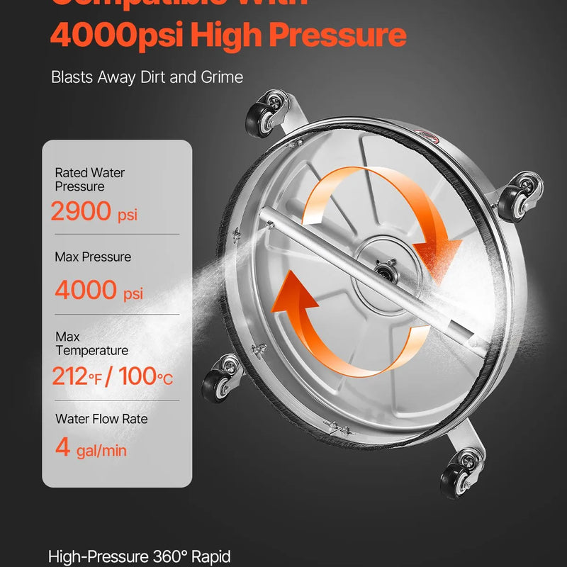 46 cm augstspiediena mazgātāja virsmas tīrītājs ar 4 riteņiem, maksimālais spiediens 4000 PSI, ar 2 pagarināmajām spraudstieņiem