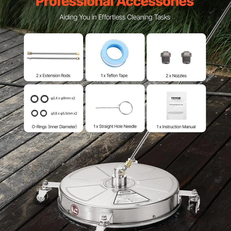 46 cm augstspiediena mazgātāja virsmas tīrītājs ar 4 riteņiem, maksimālais spiediens 4000 PSI, ar 2 pagarināmajām spraudstieņiem