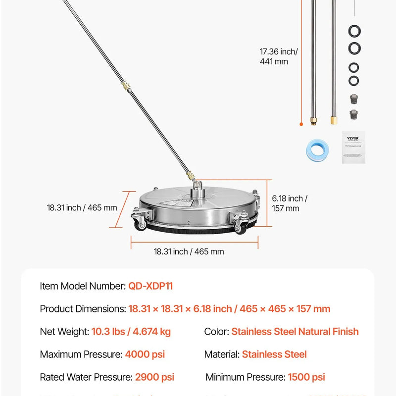 46 cm augstspiediena mazgātāja virsmas tīrītājs ar 4 riteņiem, maksimālais spiediens 4000 PSI, ar 2 pagarināmajām spraudstieņiem