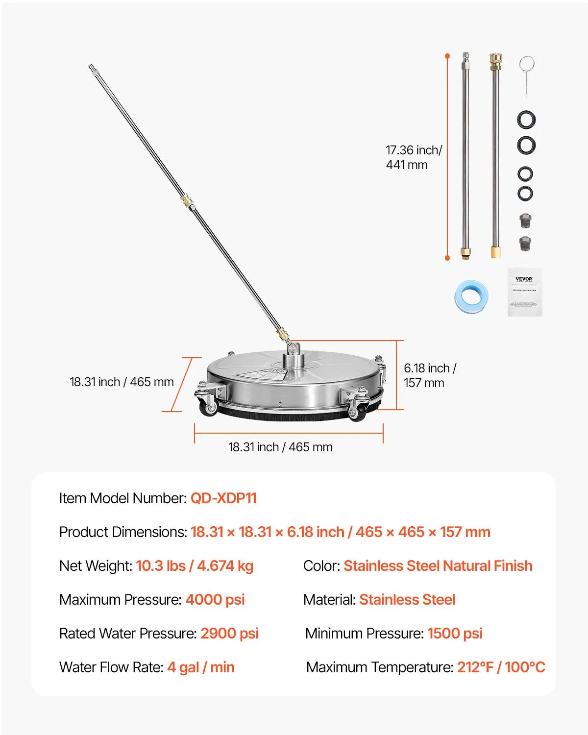 46 cm augstspiediena mazgātāja virsmas tīrītājs ar 4 riteņiem, maksimālais spiediens 4000 PSI, ar 2 pagarināmajām spraudstieņiem