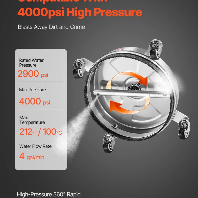 36 cm augstspiediena mazgātāja virsmas tīrītājs ar 4 riteņiem, maksimālais spiediens 4000 PSI, ar 2 pagarināmajām spraudstieņiem