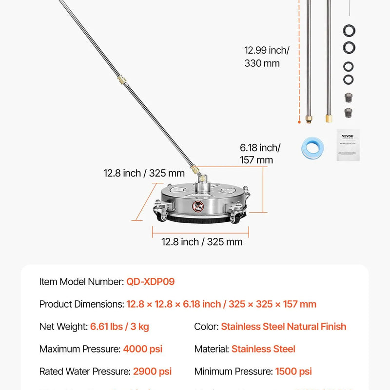 36 cm augstspiediena mazgātāja virsmas tīrītājs ar 4 riteņiem, maksimālais spiediens 4000 PSI, ar 2 pagarināmajām spraudstieņiem