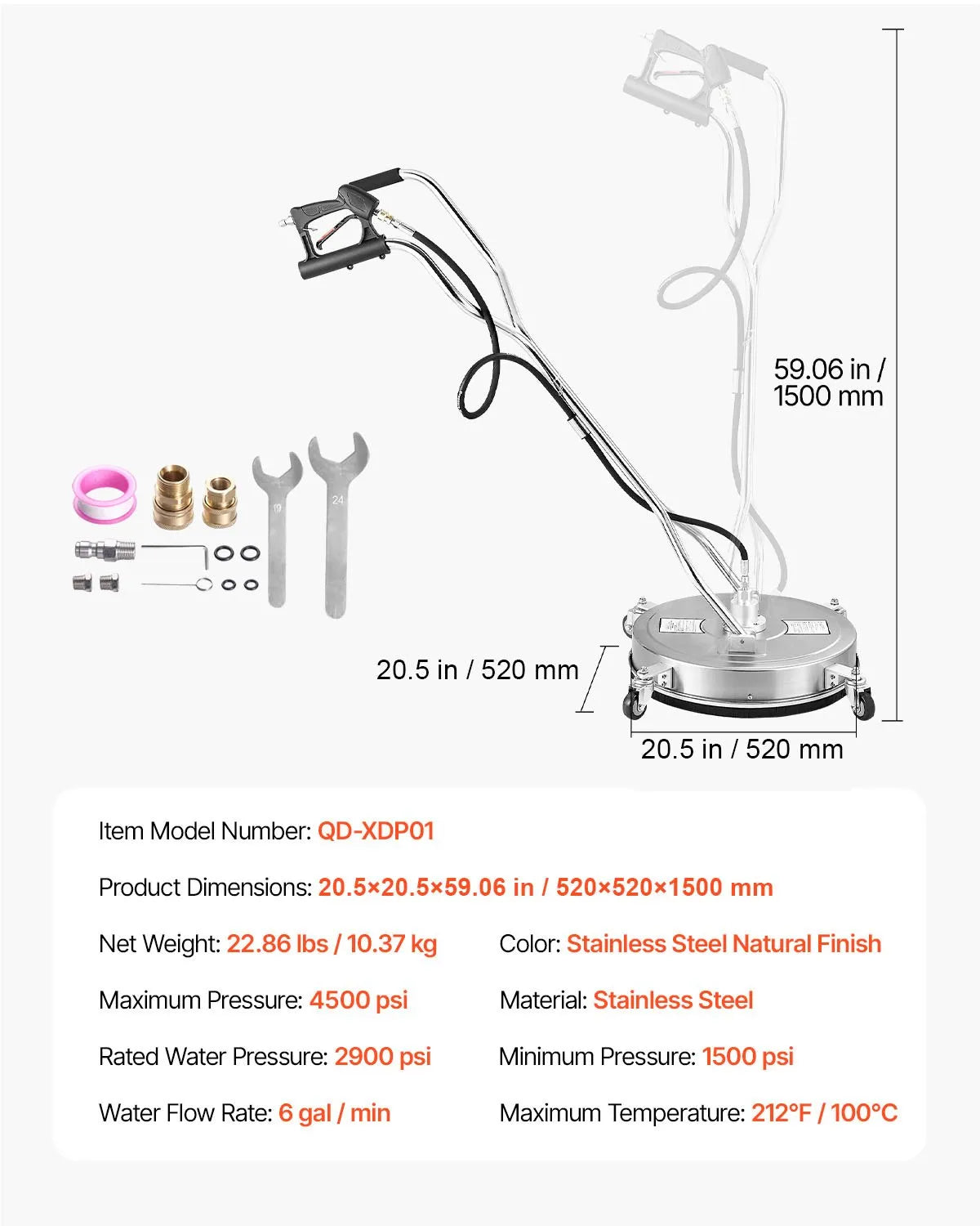 VEVOR 51 cm High-Pressure Surface Cleaner with 4 Wheels and Dual Handles, Maximum Pressure 4000 PSI