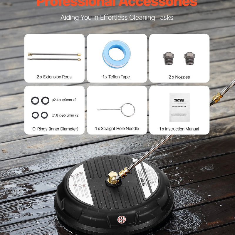 VEVOR 38 cm virsmas tīrītājs augstspiediena mazgātājam, līdz 207 bar, plastmasa, ar 2 pagarinājuma stieņiem