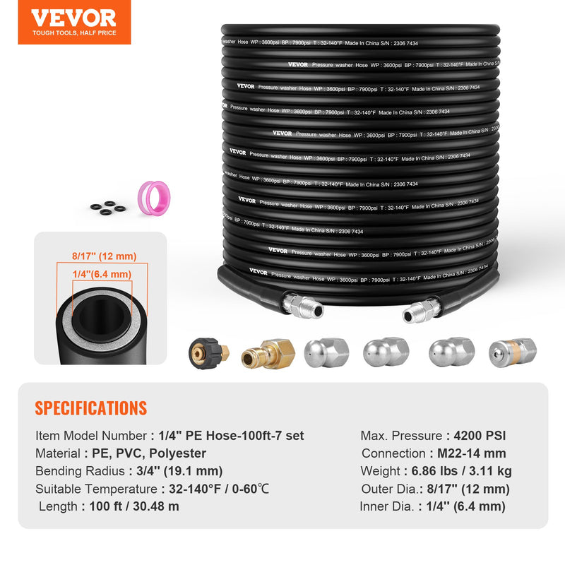VEVOR augstspiediena mazgātāja šļūtene 30,5 m, 6,35 mm, 4200 PSI, bez saliekuma, ar misiņa vītni
