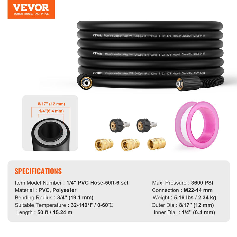 VEVOR augstspiediena mazgātāja šļūtene, 15 m, 6,35 mm, bez deformācijām, M22-14 mm misiņa vītne, piemērota vairumam zīmolu, 19 mm lieces rādiuss, 248 bar izturība