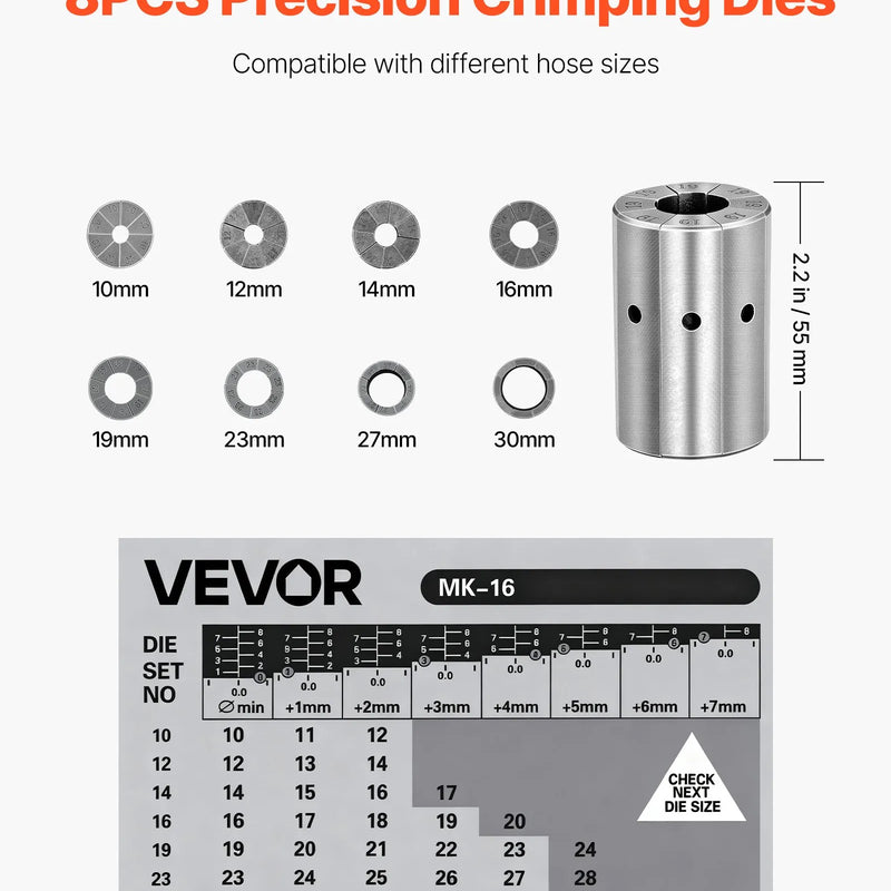 VEVOR augstspiediena hidrauliskais šļūteņu presētājs, manuāls presēšanas instruments ar 8 presformām, presēšanas diapazons 6–28 mm, piemērots zema un augsta spiediena eļļas šļūtenēm, gāzes, ūdens, auto A/C šļūtenēm un kabeļu savienojumiem