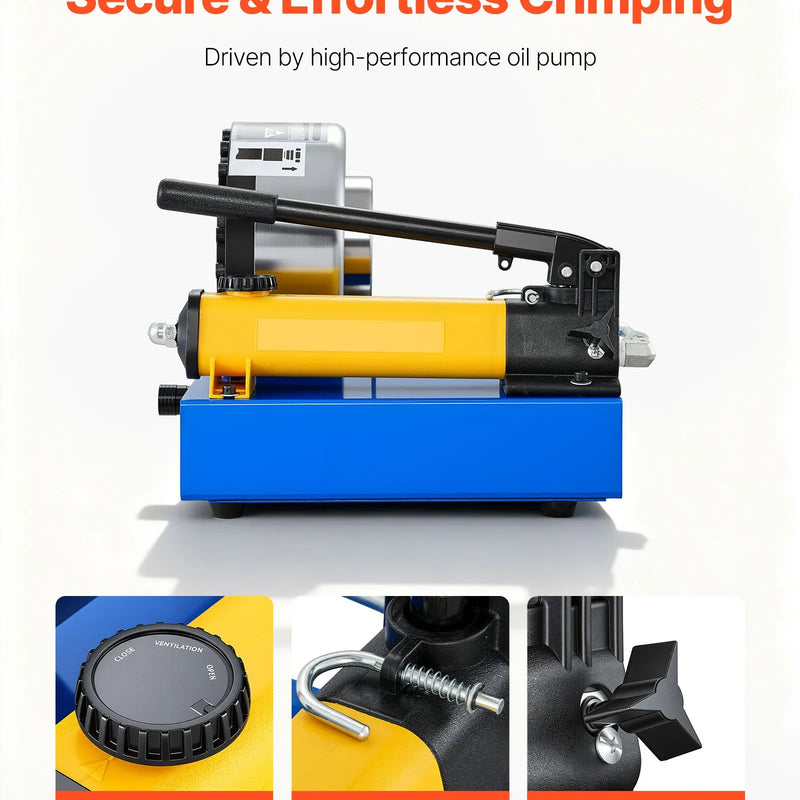 VEVOR augstspiediena hidrauliskais šļūteņu presētājs, manuāls presēšanas instruments ar 8 presformām, presēšanas diapazons 6–28 mm, piemērots zema un augsta spiediena eļļas šļūtenēm, gāzes, ūdens, auto A/C šļūtenēm un kabeļu savienojumiem