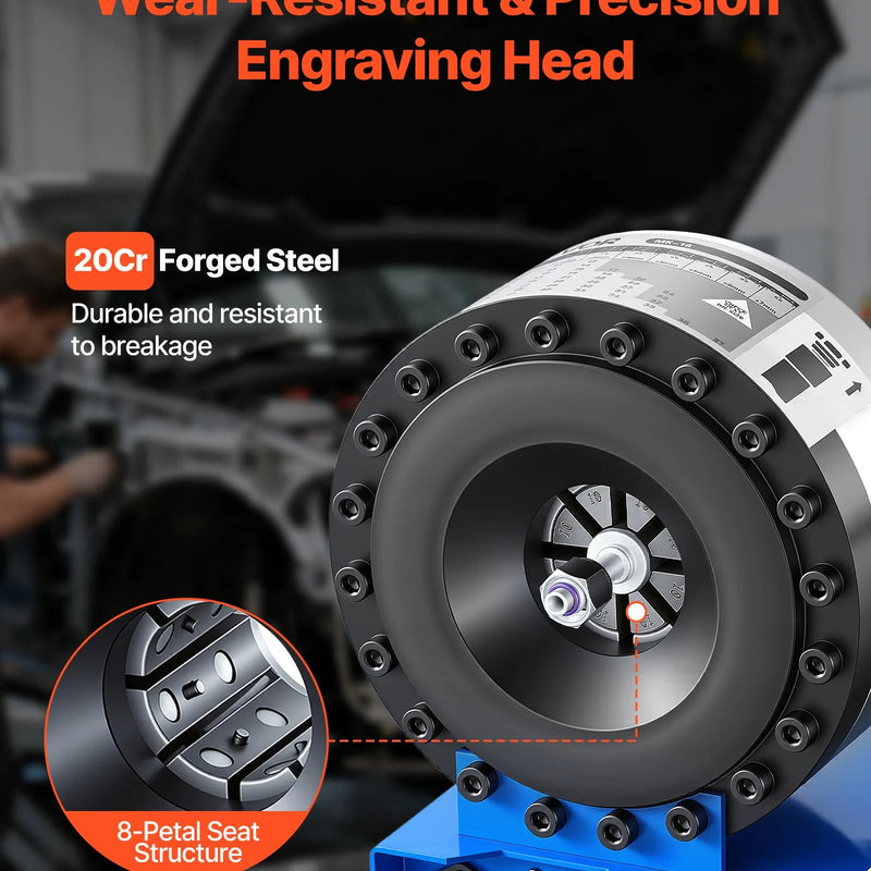 VEVOR augstspiediena hidrauliskais šļūteņu presētājs, manuāls presēšanas instruments ar 8 presformām, presēšanas diapazons 6–28 mm, piemērots zema un augsta spiediena eļļas šļūtenēm, gāzes, ūdens, auto A/C šļūtenēm un kabeļu savienojumiem