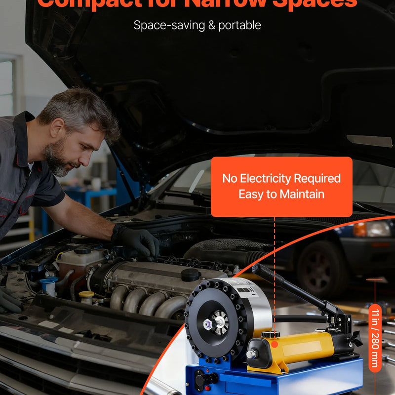 VEVOR augstspiediena hidrauliskais šļūteņu presētājs, manuāls presēšanas instruments ar 8 presformām, presēšanas diapazons 6–28 mm, piemērots zema un augsta spiediena eļļas šļūtenēm, gāzes, ūdens, auto A/C šļūtenēm un kabeļu savienojumiem