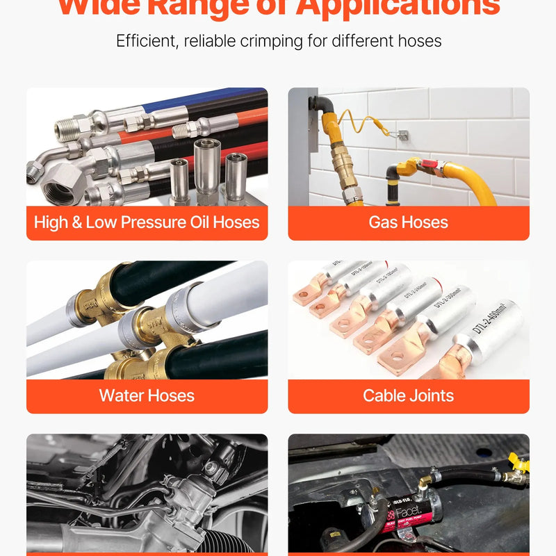 VEVOR augstspiediena hidrauliskais šļūteņu presētājs, manuāls presēšanas instruments ar 8 presformām, presēšanas diapazons 6–28 mm, piemērots zema un augsta spiediena eļļas šļūtenēm, gāzes, ūdens, auto A/C šļūtenēm un kabeļu savienojumiem