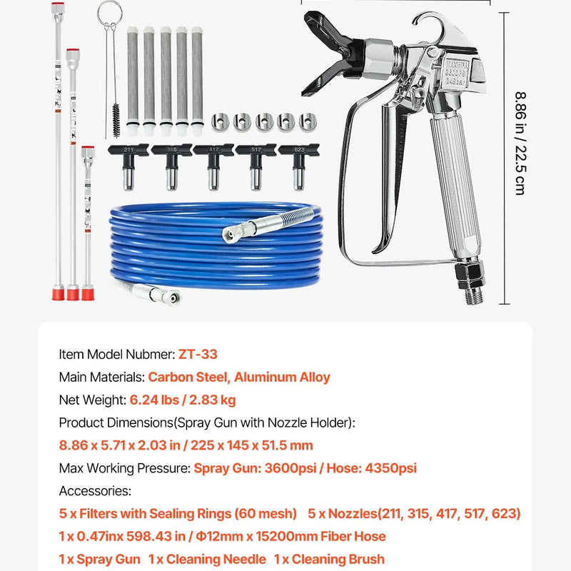 Bezgaisa krāsošanas pistoles un šļūtenes komplekts 248 bar ar pagarināmajiem stieņiem un filtriem