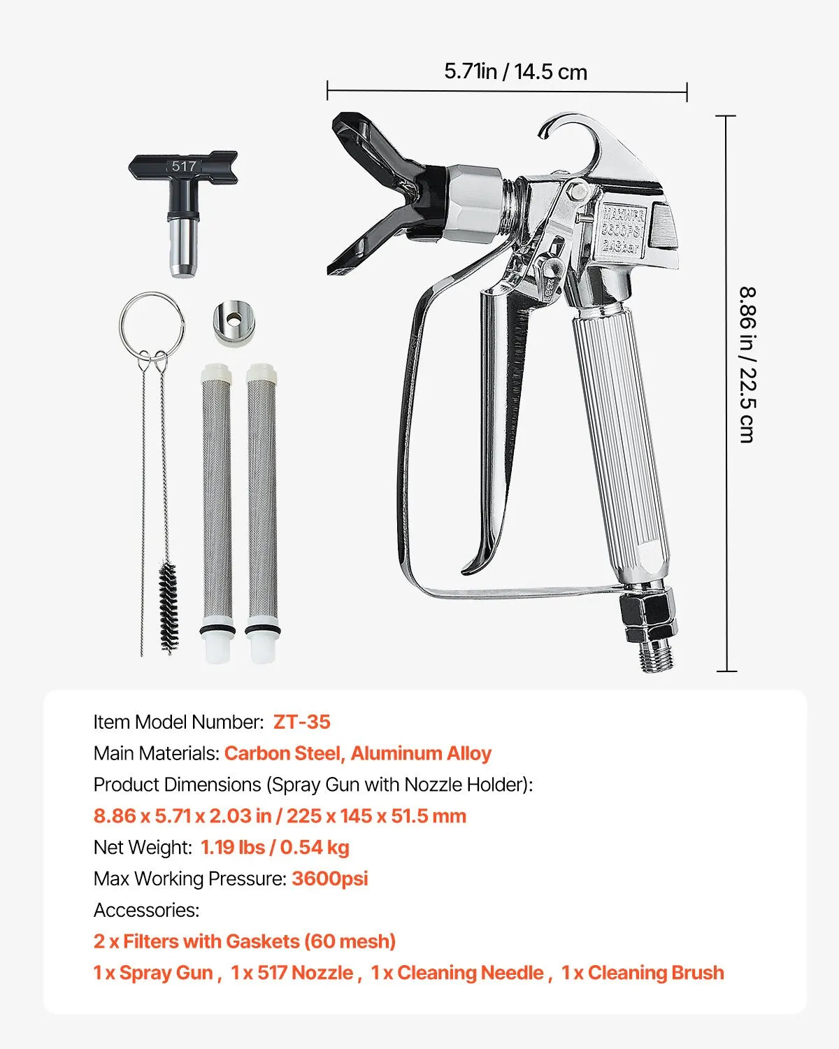 VEVOR High-Pressure Paint Spray Gun with Swivel Connector, Filter Kit, Cleaning Needle and Brush