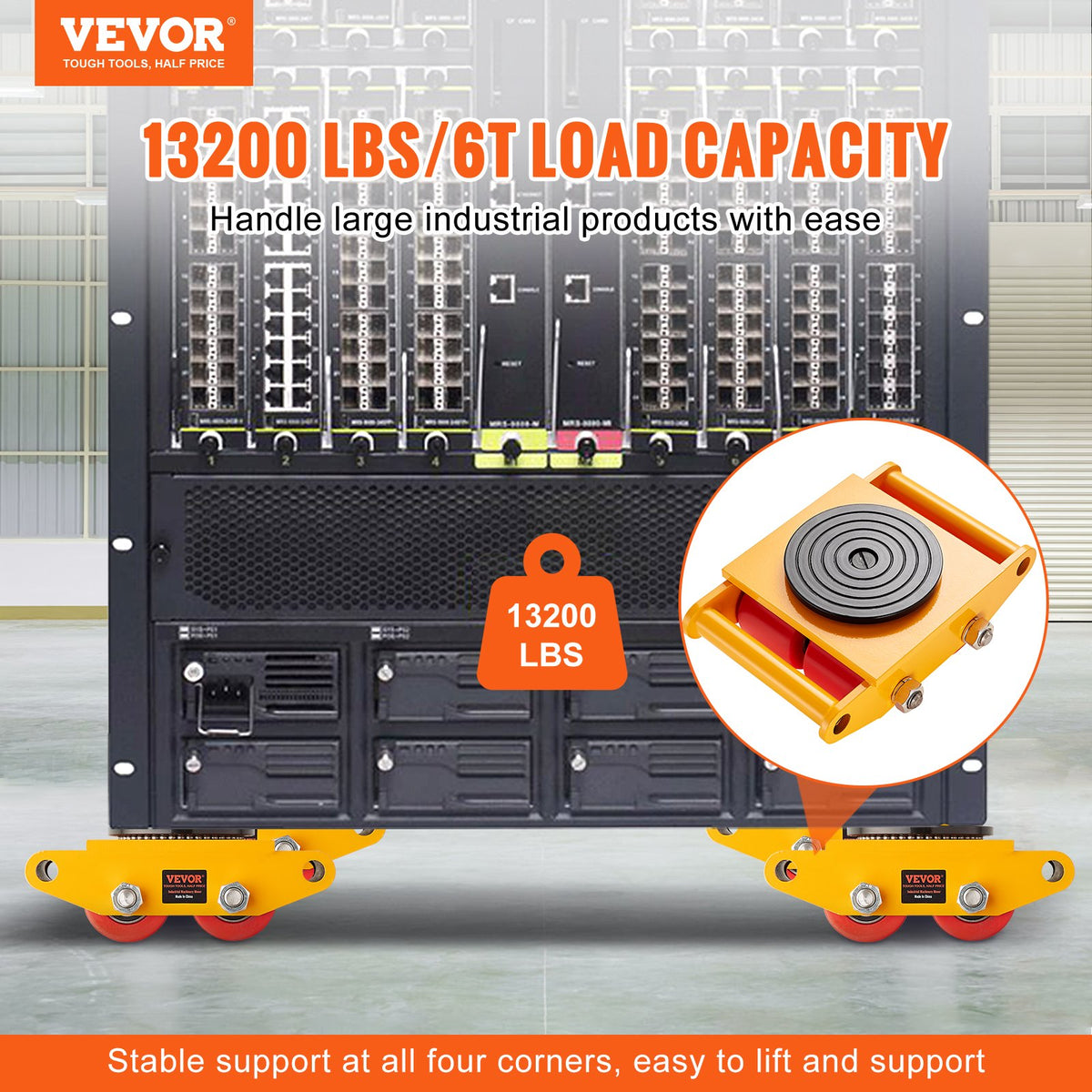 VEVOR Industrial Equipment Transport Trolley, 6 t Load Capacity, Durable Carbon Steel Moving Trolley with 4 PU Wheels, 360° Rotation and Non-Slip Surface, Suitable for Warehouses, Workshops and Factories