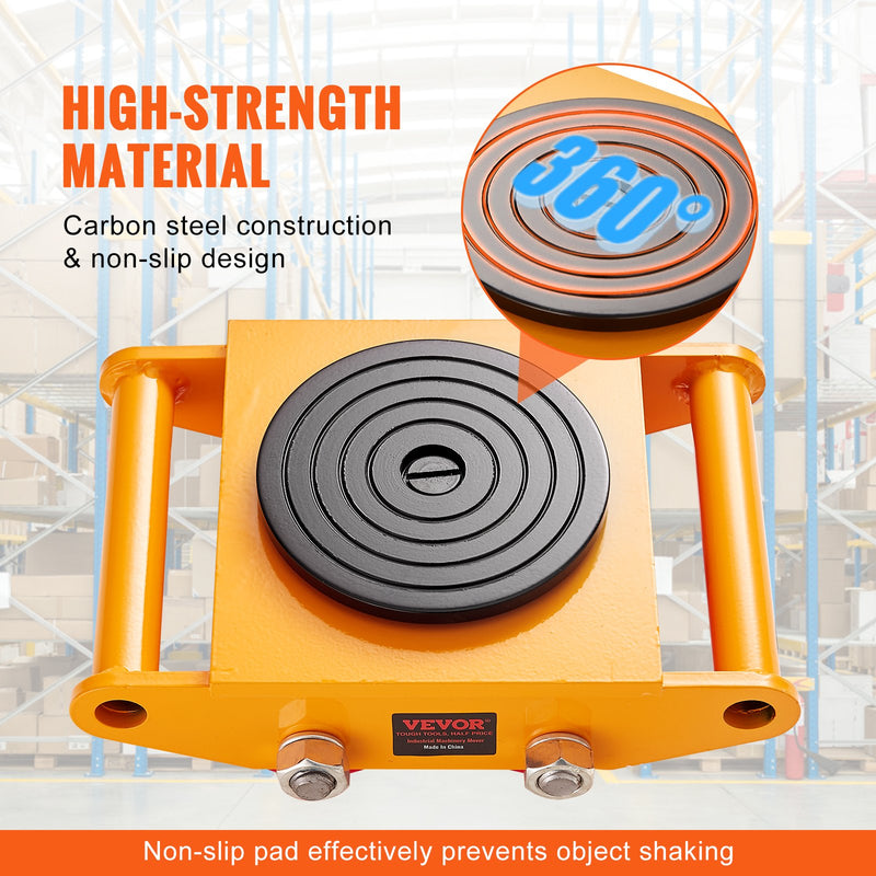 VEVOR industriālais tehnikas transportēšanas rullis, 6 t slodzes ietilpība, izturīgs oglekļa tērauda pārvietošanas rullis ar 4 PU riteņiem, 360° rotāciju un neslīdošu virsmu, piemērots noliktavām, darbnīcām un rūpnīcām.