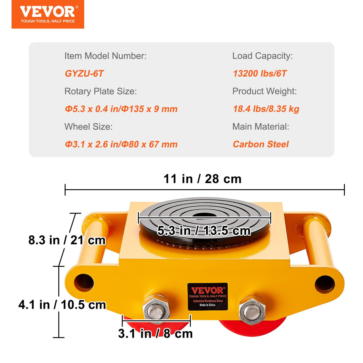 VEVOR Industrial Equipment Transport Trolley, 6 t Load Capacity, Durable Carbon Steel Moving Trolley with 4 PU Wheels, 360° Rotation and Non-Slip Surface, Suitable for Warehouses, Workshops and Factories