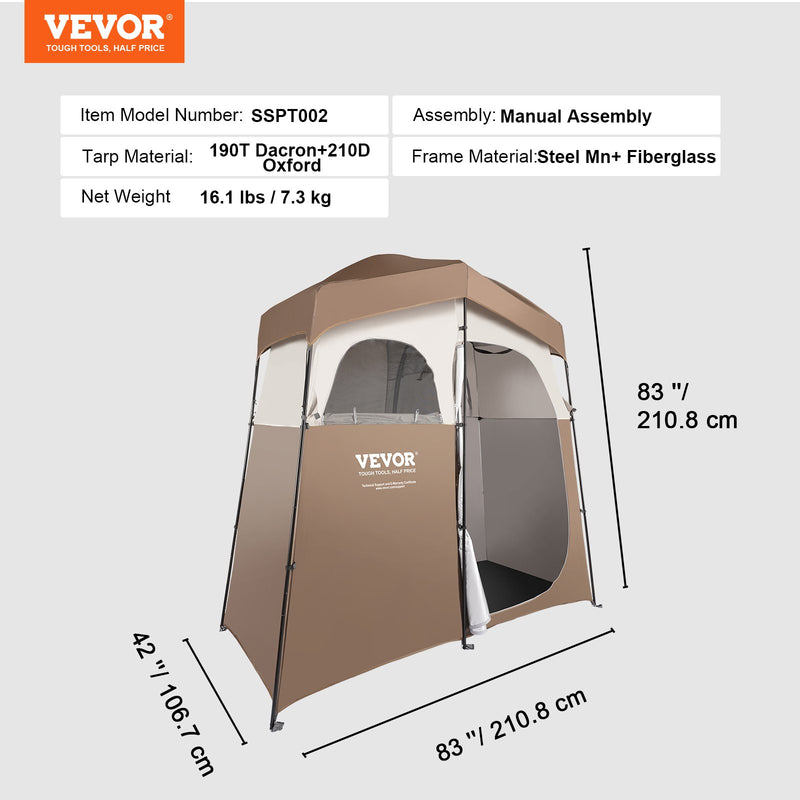 VEVOR divvietīga 211 cm x 107 cm x 211 cm kempinga  telts ir lieliska izvēle, lai nodrošinātu privātumu un komfortu jebkura veida āra aktivitātēs  telpas platību un ir ideāli piemērota ģērbšanai, mainīšanai, tualetes izmantošanai vai kā dušas telts