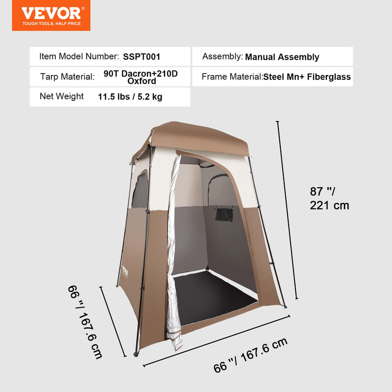 VEVOR 167,6 cm x 167,6 cm x 221 cm kempinga  telts ir lieliska izvēle, lai nodrošinātu privātumu un komfortu jebkura veida āra aktivitātēs  telpas platību un ir ideāli piemērota ģērbšanai, mainīšanai, tualetes izmantošanai vai kā dušas telts