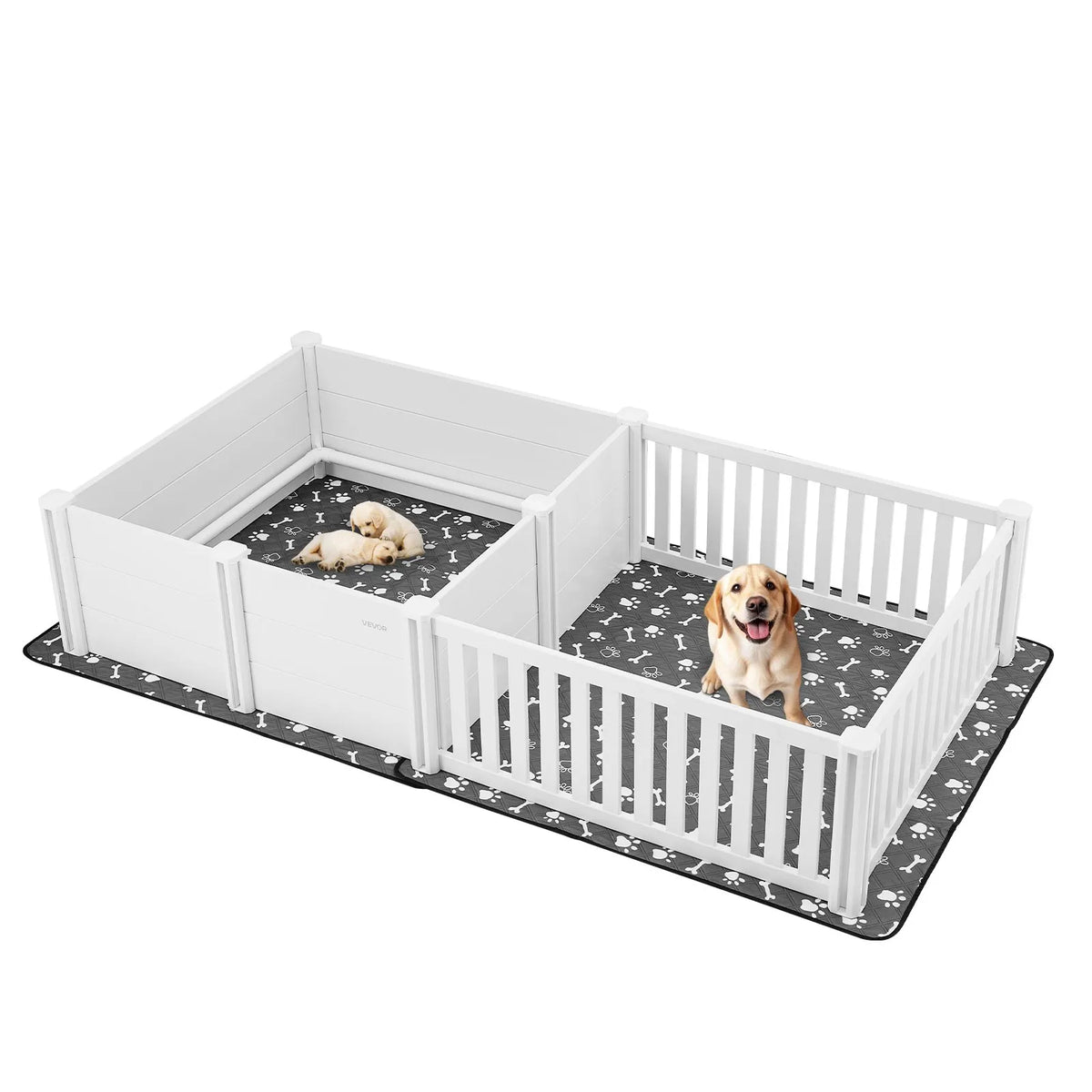 VEVOR kucēnu dzemdību kaste suņiem, 237 x 123 x 46 cm, PVC kucēnu manēža ar regulējamu ieejas augstumu un mazgājamu paklāju, 2 zonu konstrukcija īpaši lielo šķirņu suņiem, pienbalta - ZEMLETES.LV