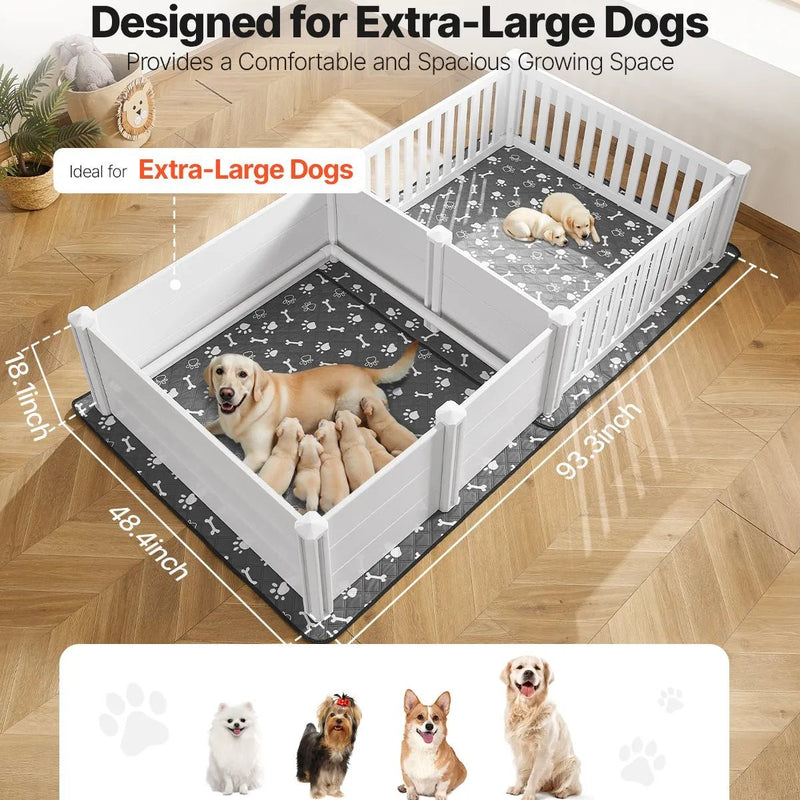 VEVOR kucēnu dzemdību kaste suņiem, 237 x 123 x 46 cm, PVC kucēnu manēža ar regulējamu ieejas augstumu un mazgājamu paklāju, 2 zonu konstrukcija īpaši lielo šķirņu suņiem, pienbalta - ZEMLETES.LV