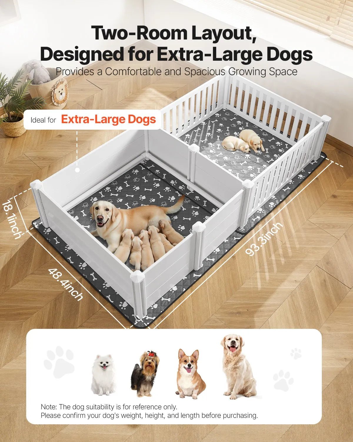 VEVOR kucēnu dzemdību kaste suņiem, 237 x 123 x 46 cm, PVC kucēnu manēža ar regulējamu ieejas augstumu un mazgājamu paklāju, 2 zonu konstrukcija īpaši lielo šķirņu suņiem, pienbalta - ZEMLETES.LV