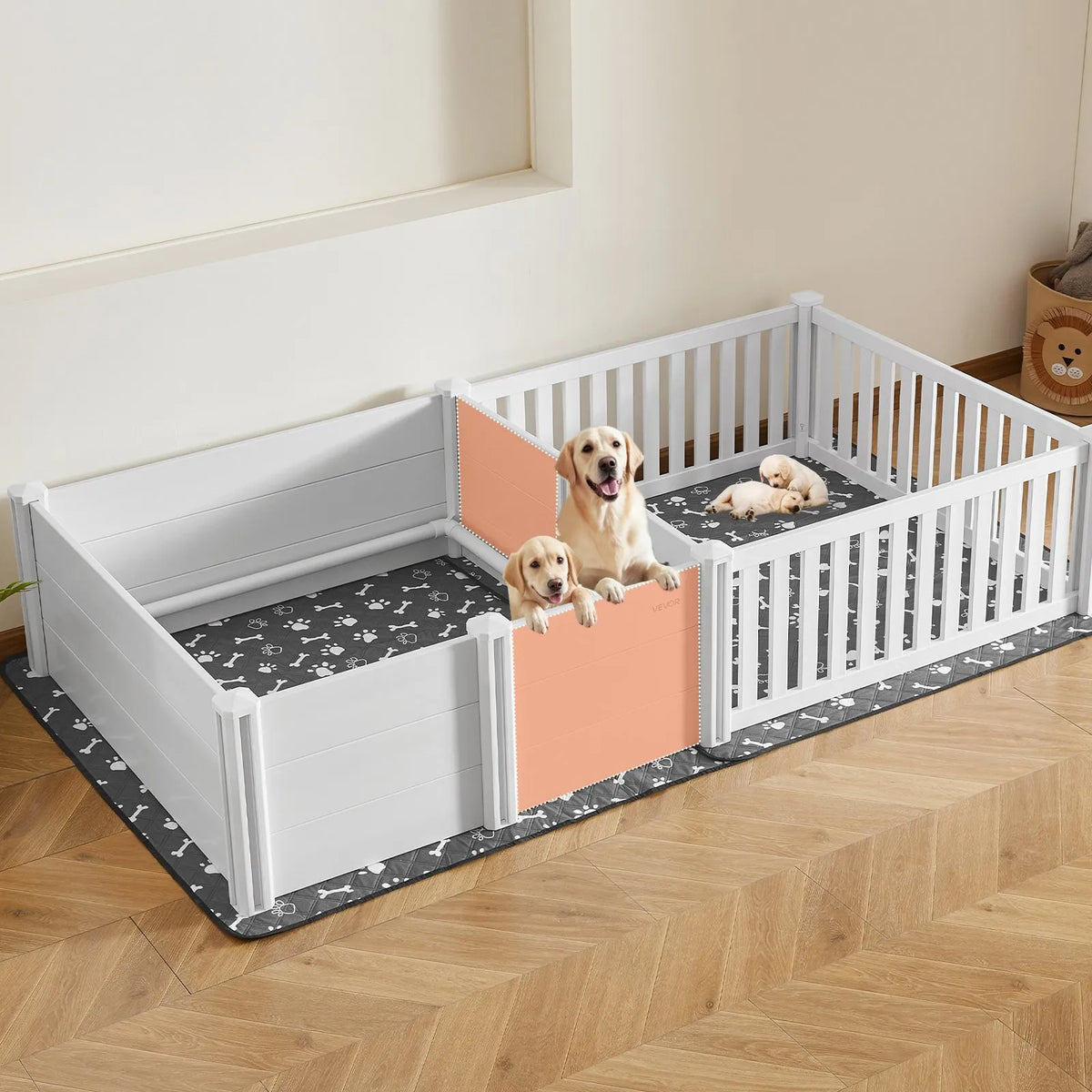 VEVOR kucēnu dzemdību kaste suņiem, 237 x 123 x 46 cm, PVC kucēnu manēža ar regulējamu ieejas augstumu un mazgājamu paklāju, 2 zonu konstrukcija īpaši lielo šķirņu suņiem, pienbalta - ZEMLETES.LV