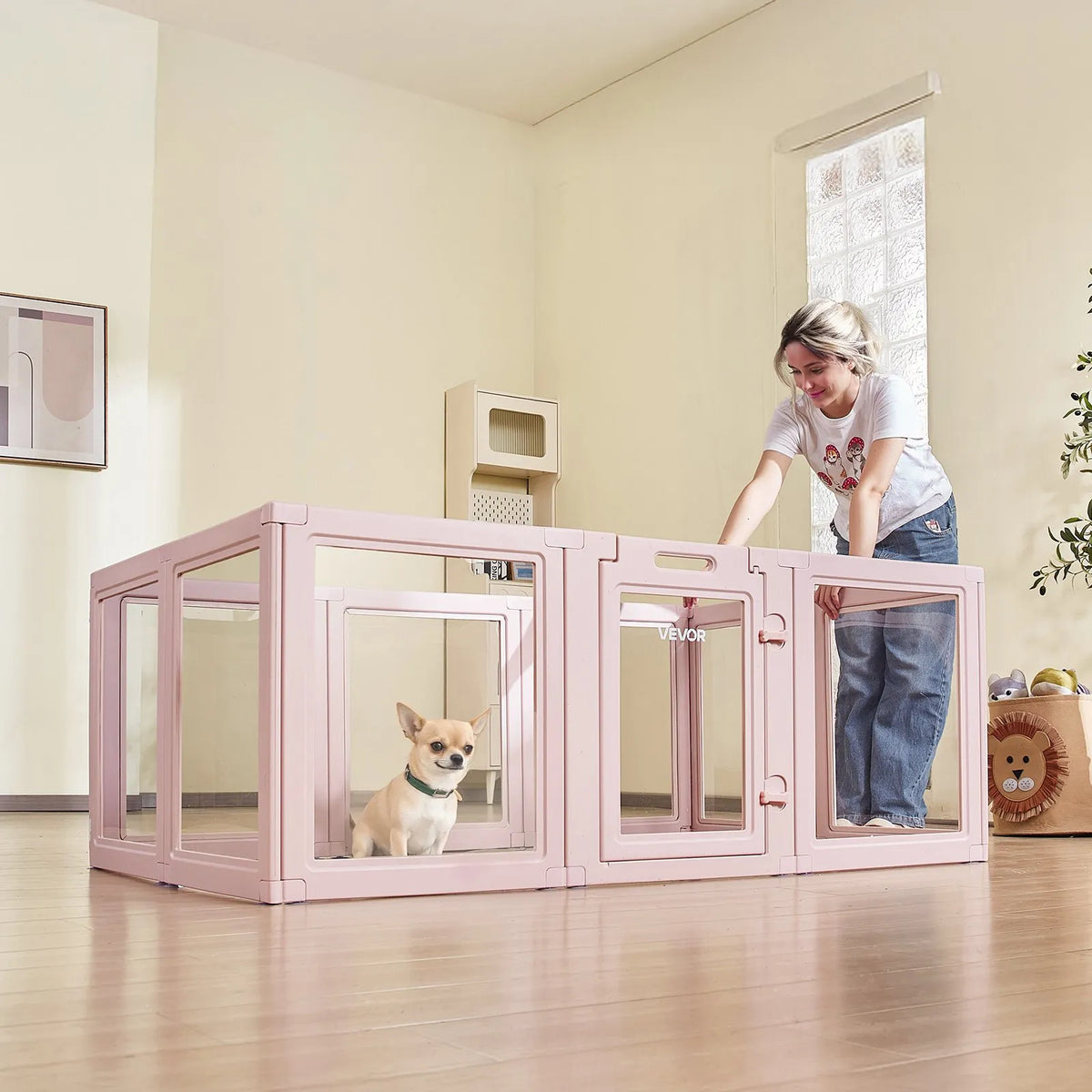 VEVOR suņu dzemdību kaste, 154 x 100 x 60 cm, plastmasas kucēnu manēža vidēja izmēra suņiem, ūdensizturīga caurspīdīga konstrukcija ar logiem un durvju slēdzeni, viegli tīrāma, izturīga, piemērota suņiem un kaķiem - ZEMLETES.LV