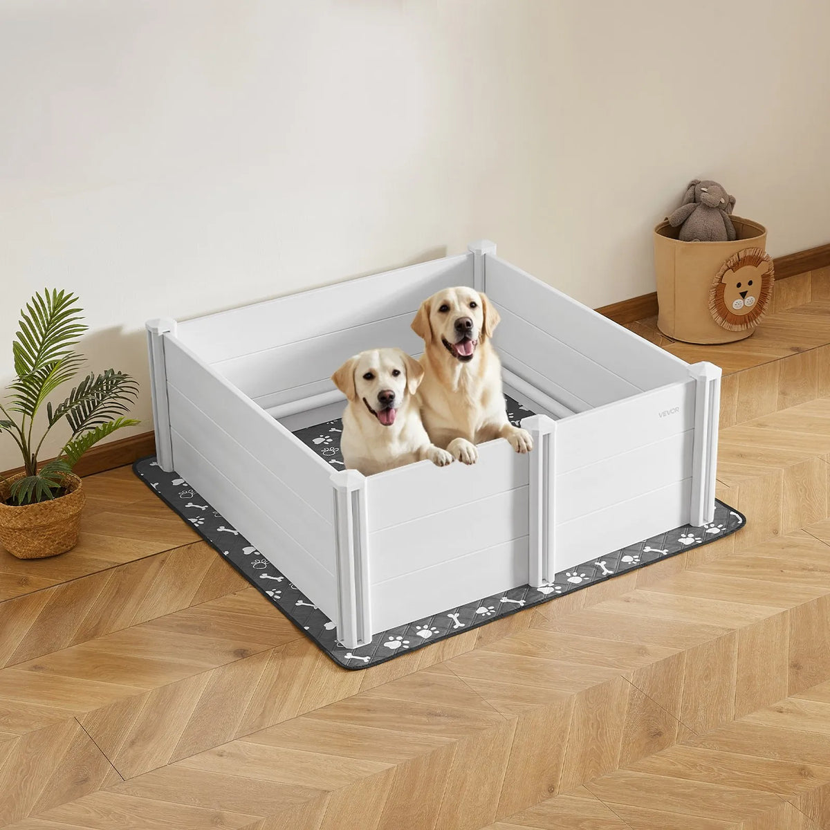 VEVOR kucēnu dzemdību kaste suņiem, 122 x 122 x 46 cm, PVC kucēnu manēža ar regulējamu ieejas augstumu un mazgājamu paklāju, izturīga pret deformāciju, piemērota lielo šķirņu suņiem, pienbalta - ZEMLETES.LV