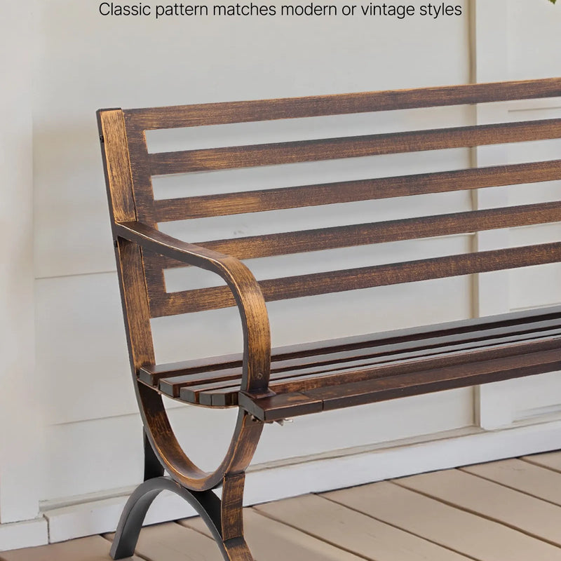 Āra sols 127 cm, ar oglekļa tērauda metāla rāmi, režģveida atzveltni un noapaļotiem roku balstiem, laikapstākļu izturīgs, antīka bronzas krāsā, piemērots terasei, dārzam, parkam, pagalmam un lievenim