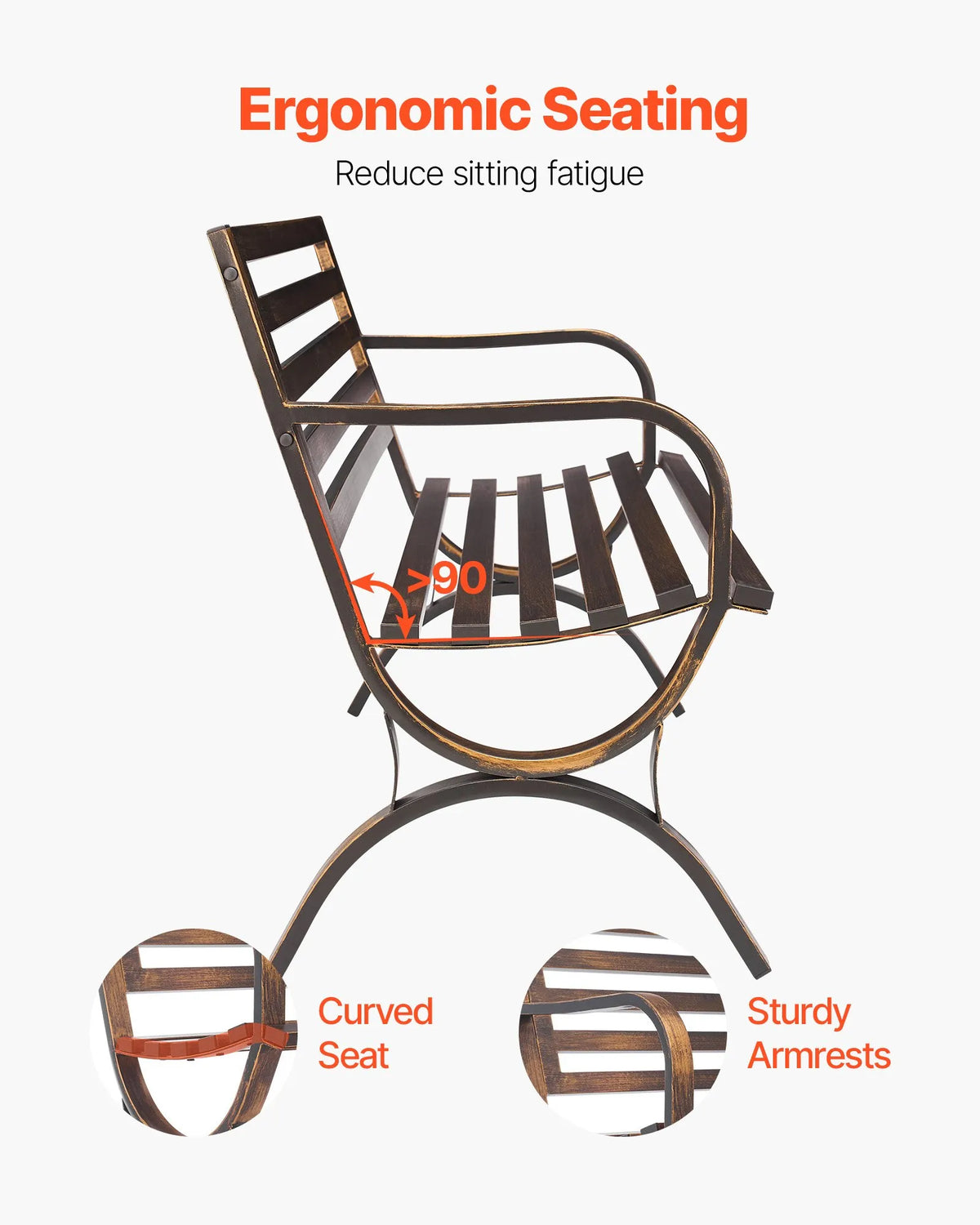 VEVOR Outdoor Bench 127 cm, Carbon Steel Metal Frame, Mesh Backrest with Rounded Armrests, Weather-Resistant, Antique Bronze, Suitable for Terrace, Garden, Park, Patio and Porch