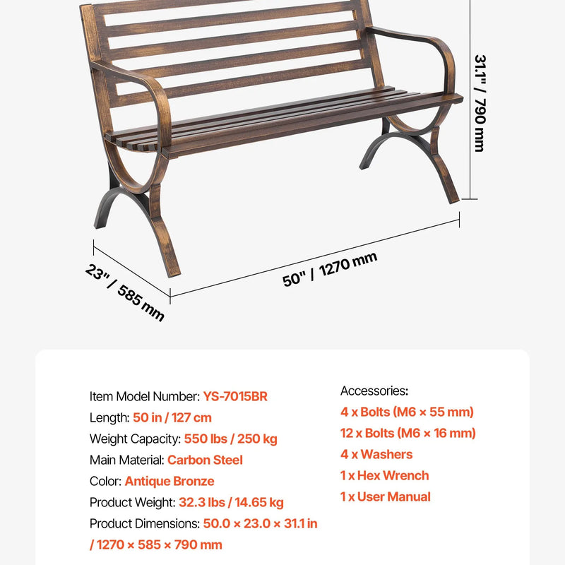 Āra sols 127 cm, ar oglekļa tērauda metāla rāmi, režģveida atzveltni un noapaļotiem roku balstiem, laikapstākļu izturīgs, antīka bronzas krāsā, piemērots terasei, dārzam, parkam, pagalmam un lievenim